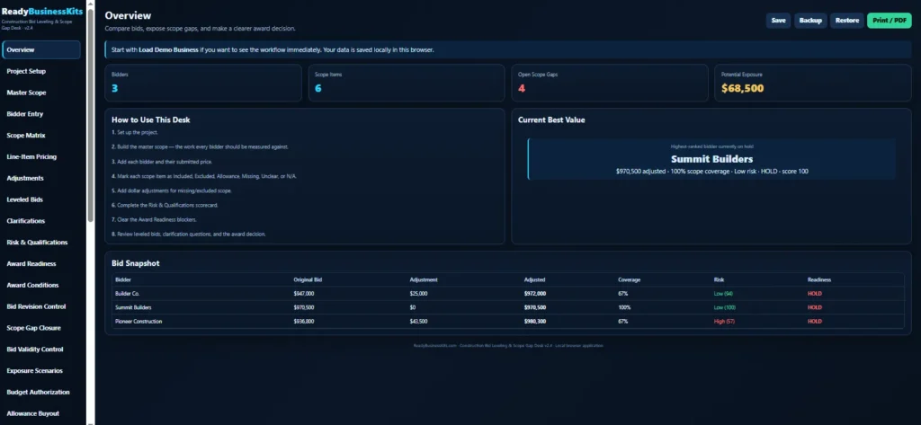 Construction Bid Leveling software actual bid comparison screen
