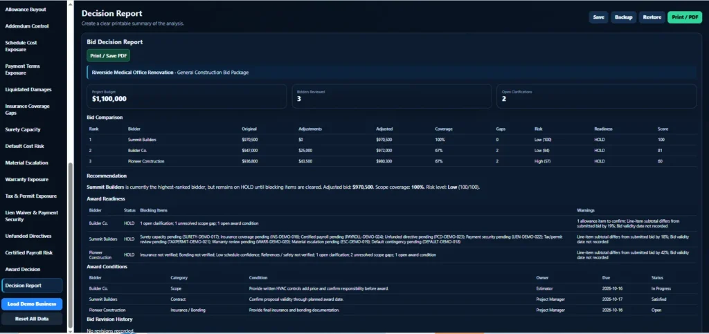 Construction Bid Leveling sample decision report