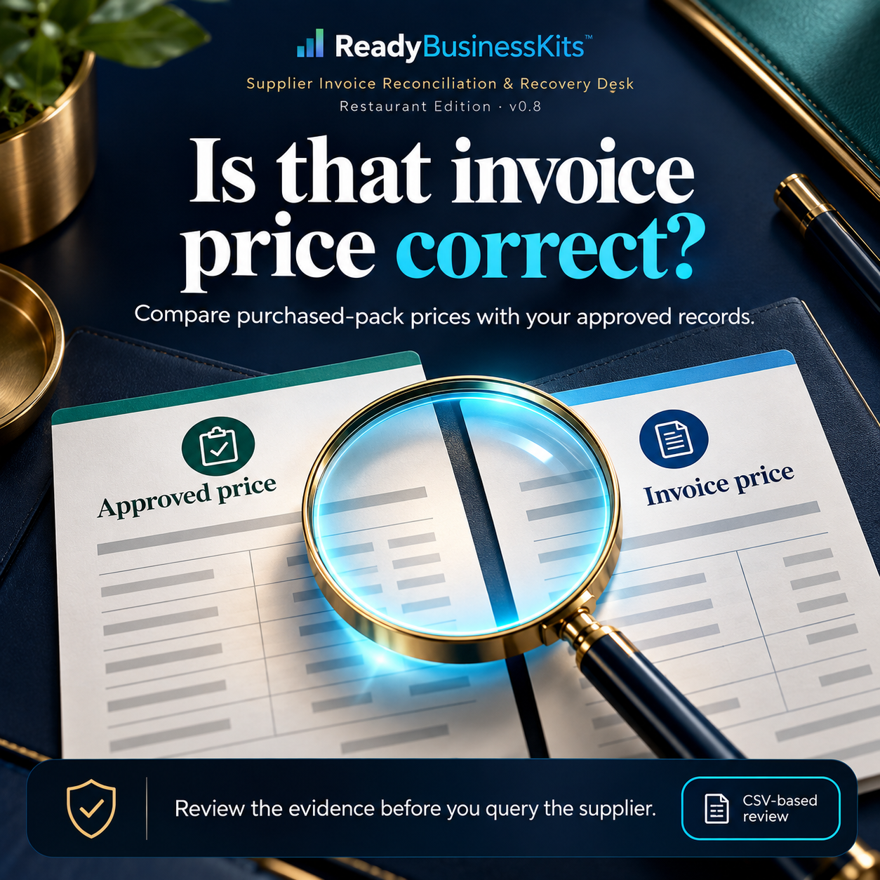 Supplier invoice reconciliation and recovery desk for restaurants, illustrated product view