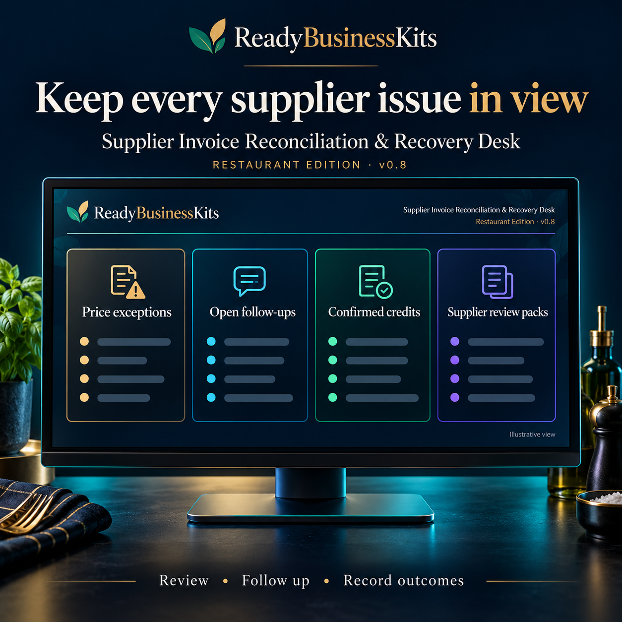 Illustrated overview of price exceptions, follow-ups, confirmed credits and supplier review packs